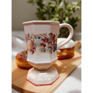 Set of 4 Fruit Harvest Pedestal Mugs – Cottagecore Hexagon Footed Cups, Sweet Co